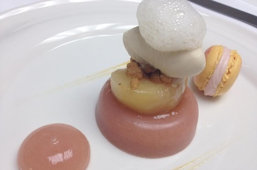 Peach & almond-roasted,gelee, macaroon sperification and ice cream