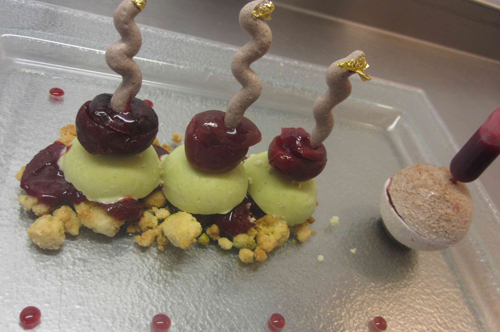 Cherries-pistachio ice cream-meringue and mousse morello cherry